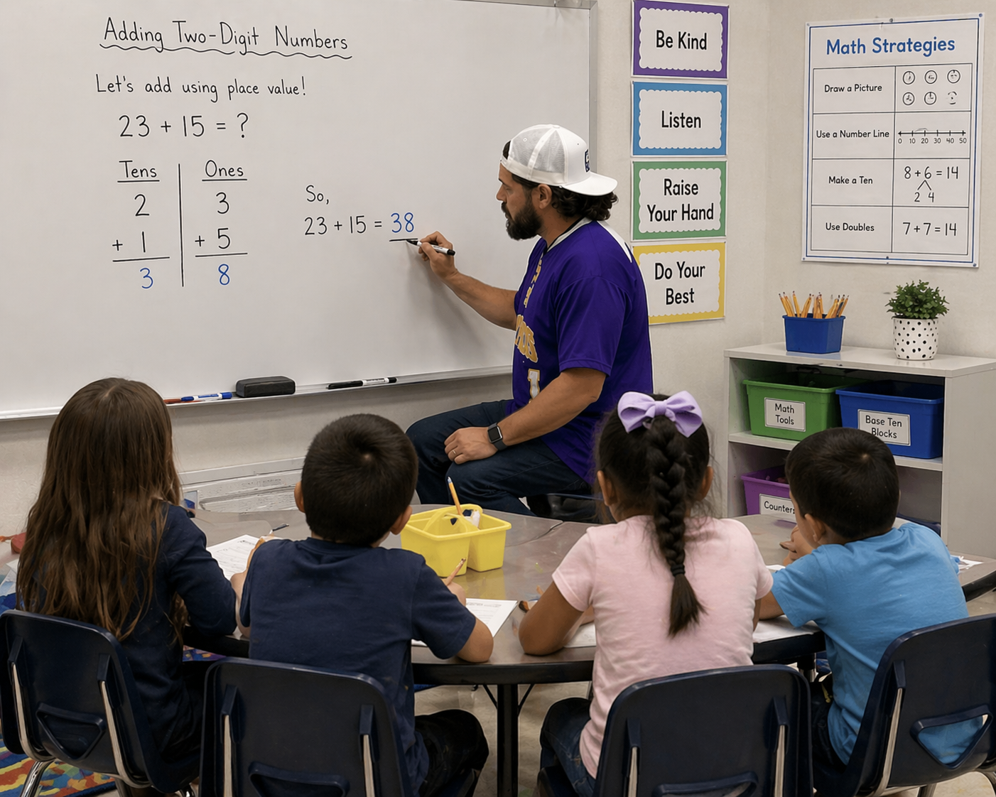 A teacher is explaining a math lesson on whiteboard about adding two-digit numbers to a group of young students sitting at a table. The whiteboard shows the problem 23 + 15 with the answer 38. Students are attentively listening and taking notes.
