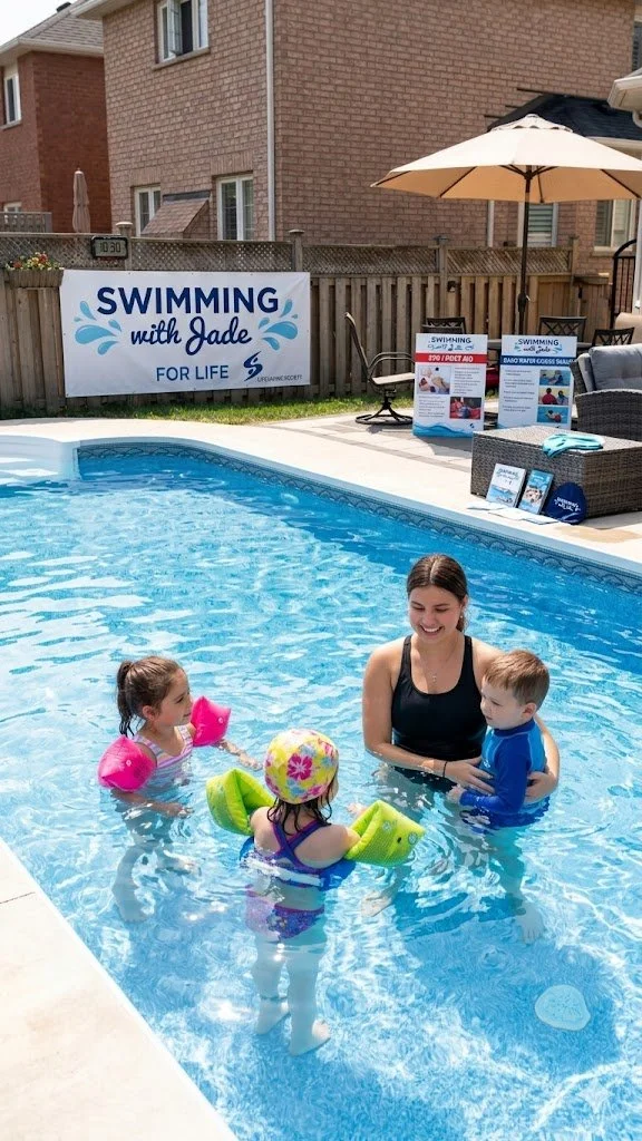 A woman teaching three children how to swim in a backyard pool, with a sign that says "Swimming with Jada for Life" in the background.