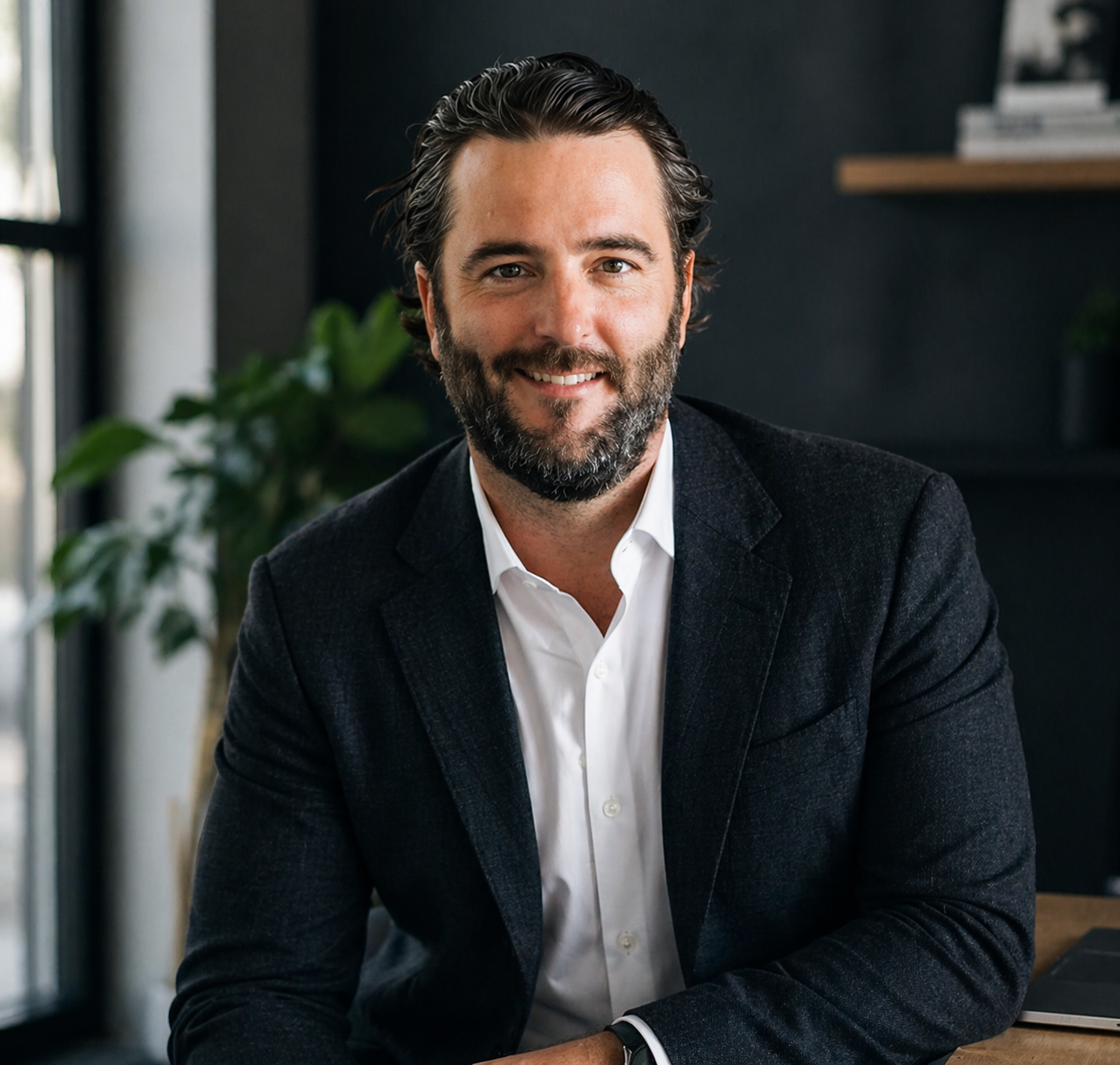 A smiling man with dark hair and a beard, dressed in a white shirt and dark blazer, sitting at a desk in an office with a plant and shelves in the background.