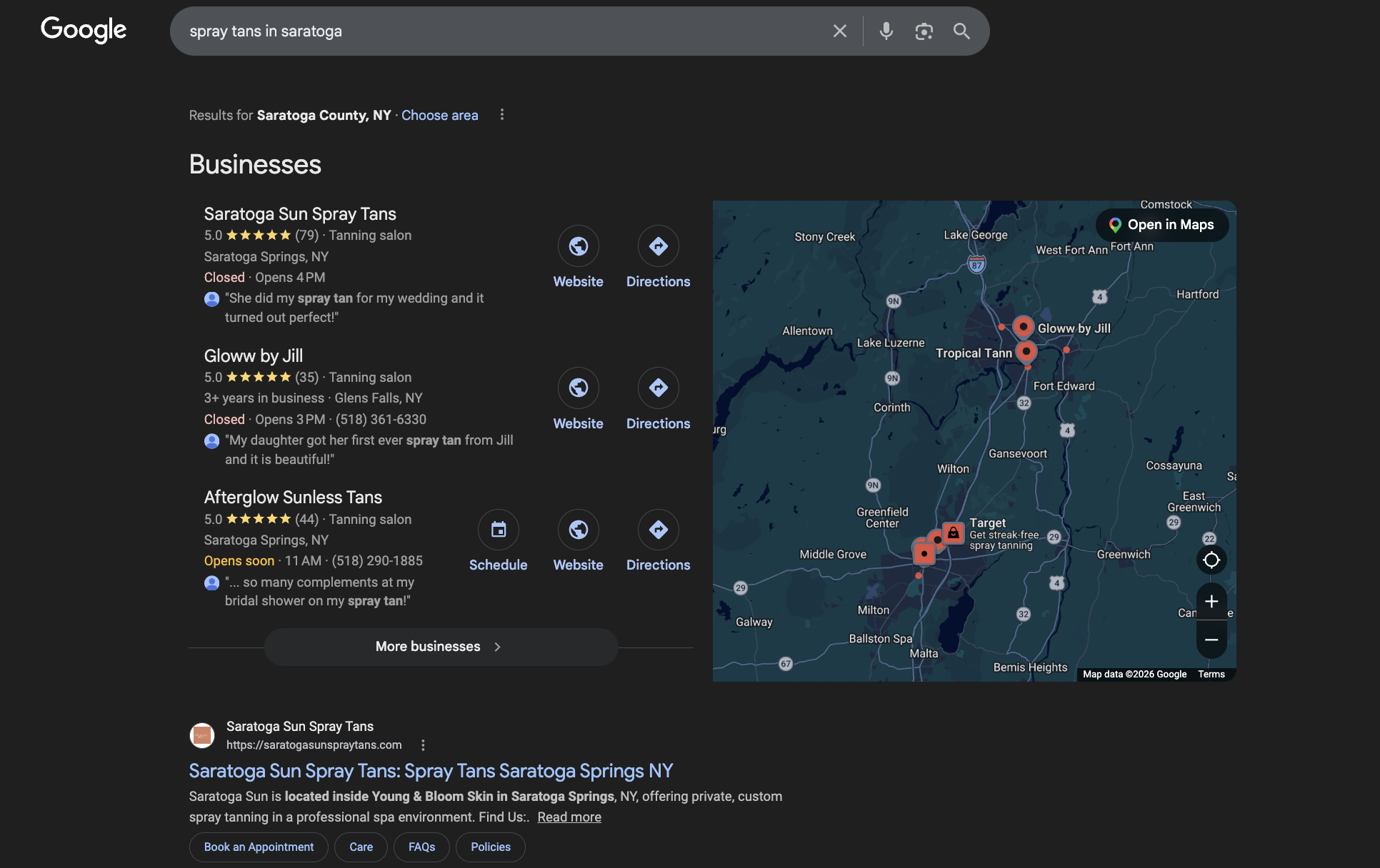 Google SERP for Spray Tans in Saratoga showing client #1 on Maps and original SERP