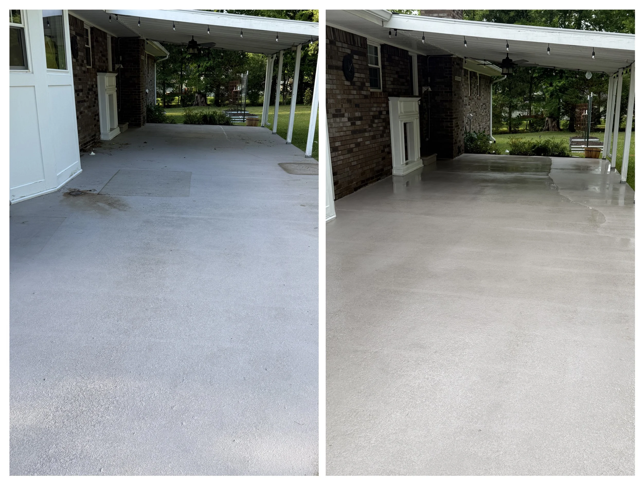 Side-by-side before and after concrete driveway and sidewalk pressure washing in Fairview by Gardner's Exterior Cleaning Cowboys, removing deep black stains and dirt.