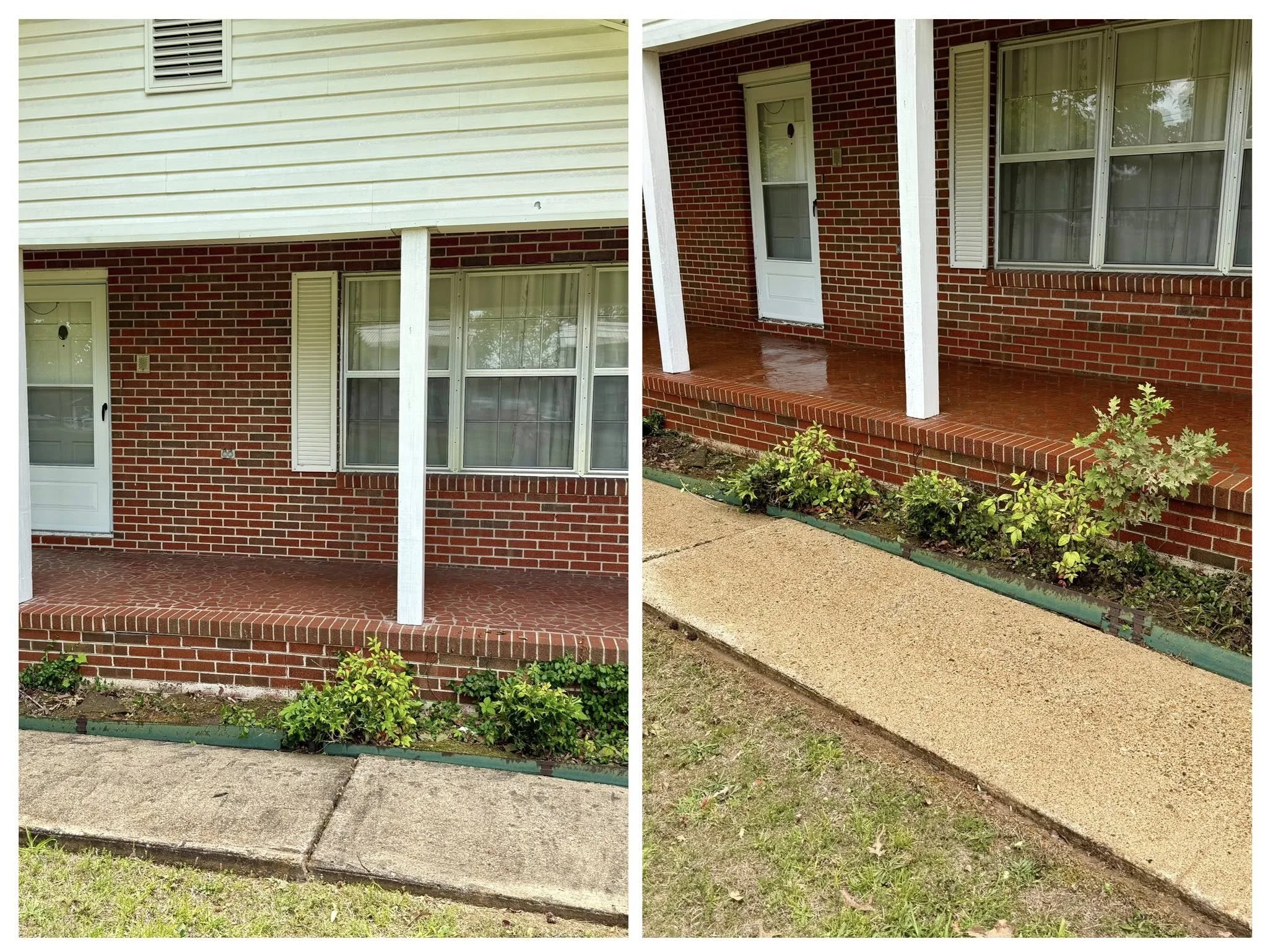 Side-by-side before and after comparison of a residential pressure washing service in Ringgold, GA, showing a dirty concrete walkway transformed to clean, bright concrete next to a brick porch.
