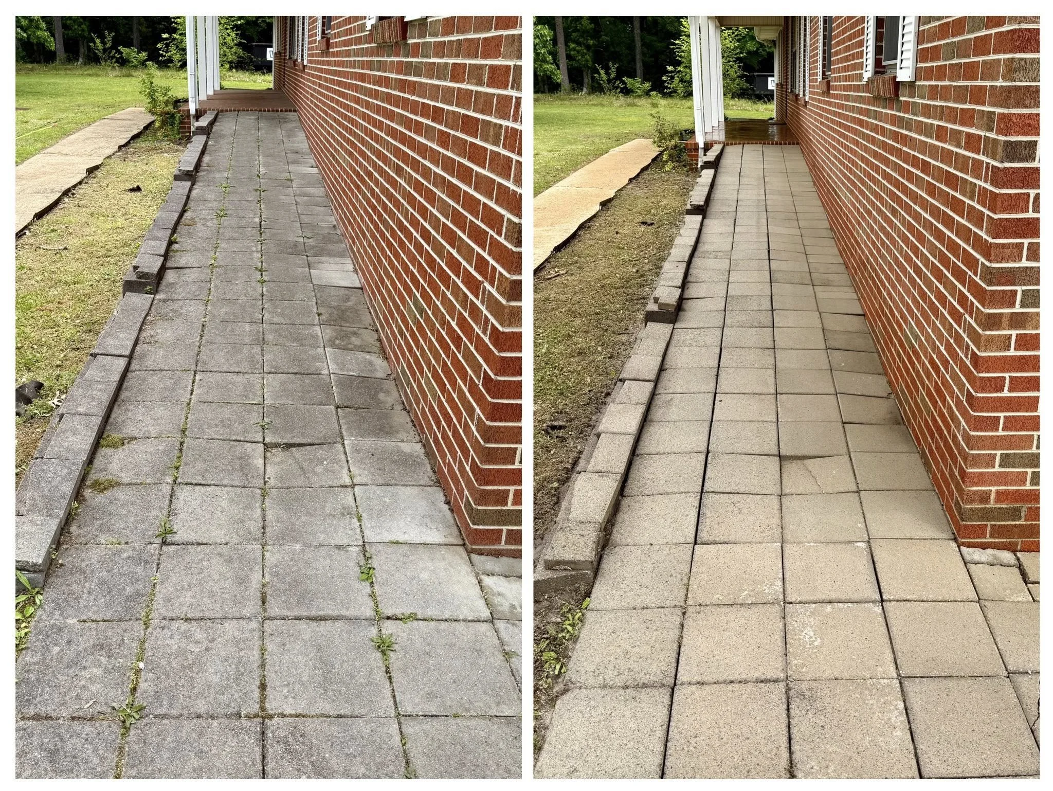Side-by-side before and after paver walkway cleaning in Rossville, GA by Gardner's Exterior Cleaning Cowboys, showing dirty, weed-filled pavers restored to clean condition next to a red brick wall.