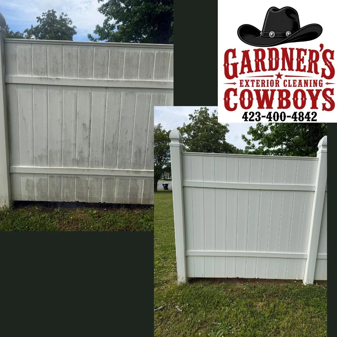 Side-by-side before and after vinyl fence cleaning in Fort Oglethorpe, GA by Gardner's Exterior Cleaning Cowboys, showing a dirty, algae-covered white fence restored to bright clean condition.