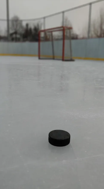 An ice hockey puck on an outdoor ice rink with goal net in the background.
