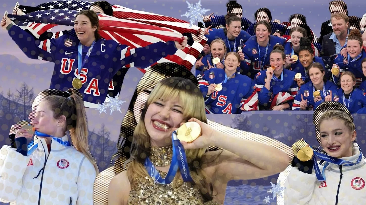 Group of female athletes and coaches celebrating with gold medals, wearing USA uniforms, smiling and holding medals, with snowflakes and a winter background.