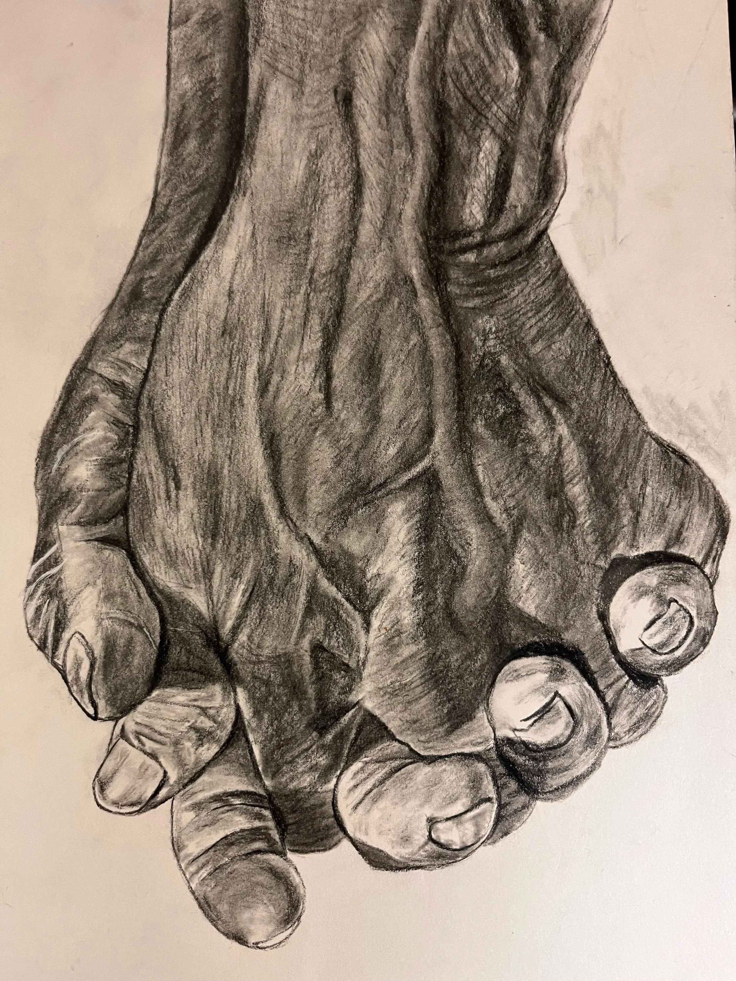 A realistic pencil sketch of a human hand gripping a bunch of coins.