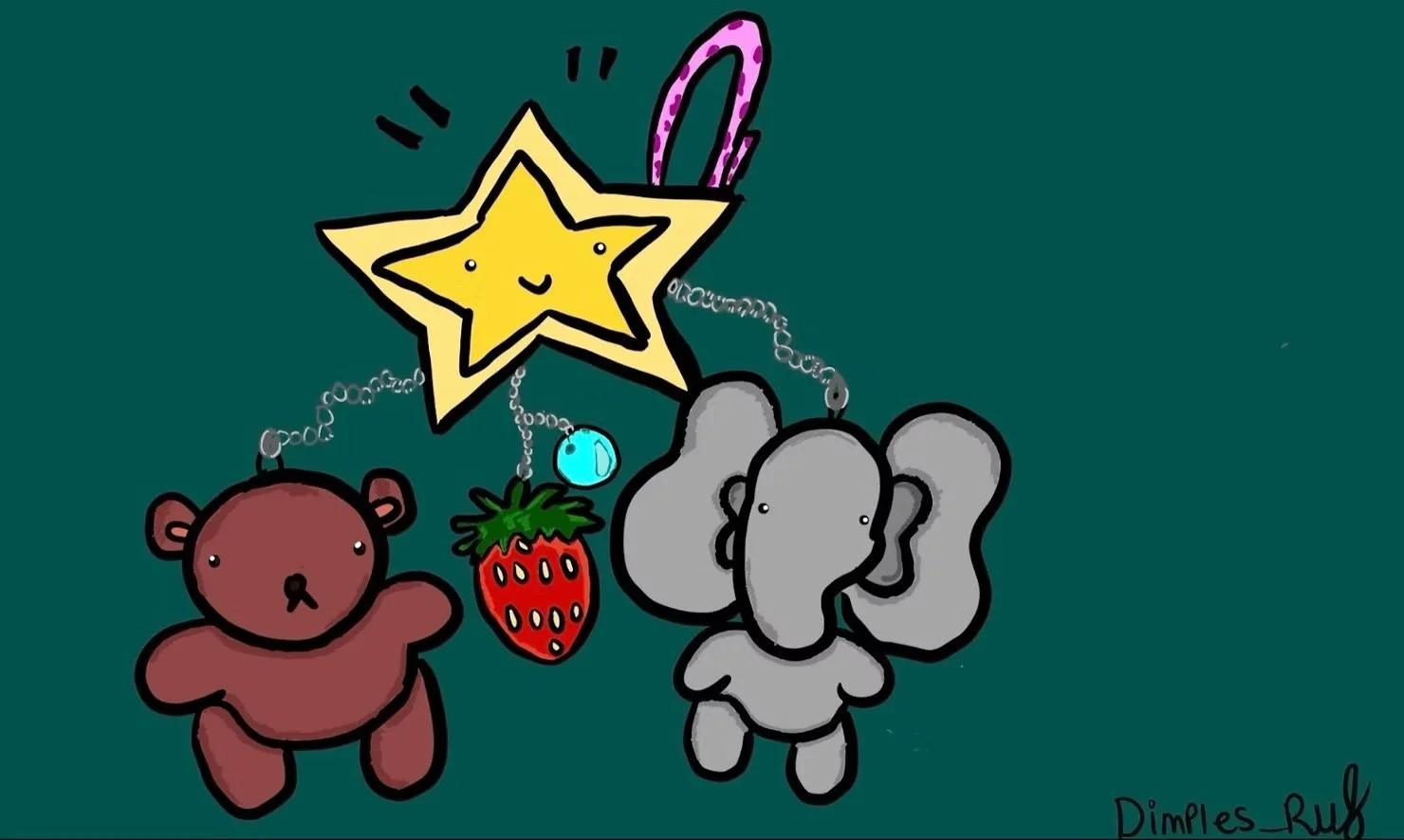 Cute cartoon-style keychain figures of a brown bear, a strawberry, a gray elephant, and a star with a smiley face and pink rabbit ears, hanging from chains on a teal background.
