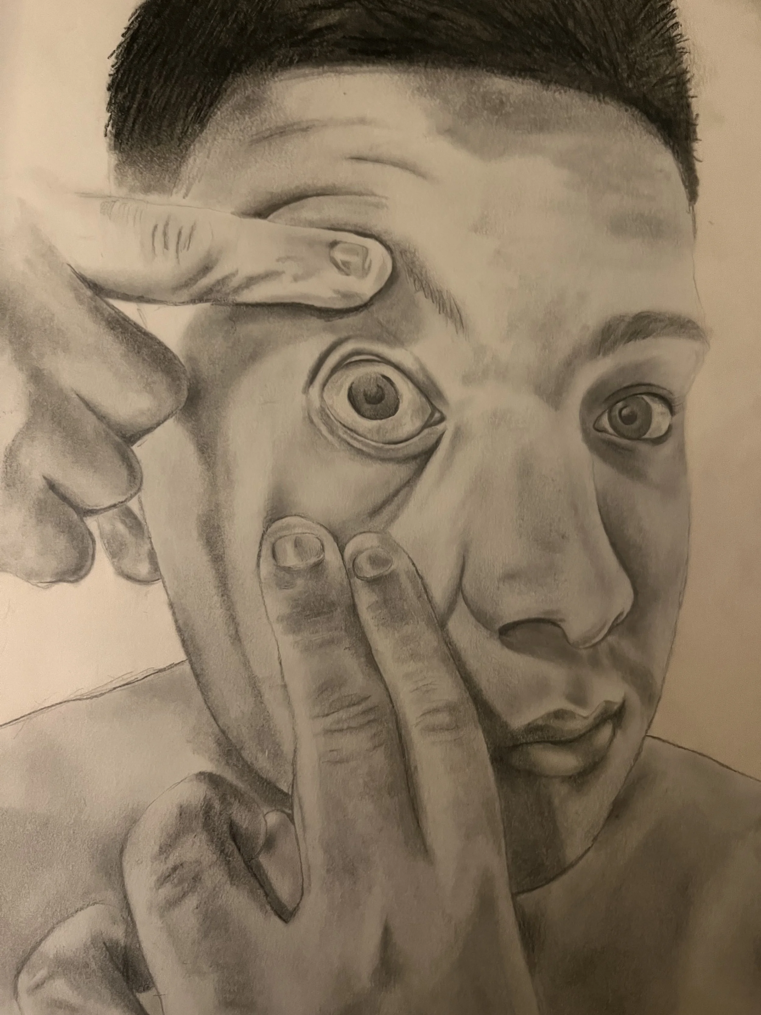 A detailed pencil drawing of a person with one eye visible, holding fingers up to their face, with focus on the eye and hand, shading, and facial features.