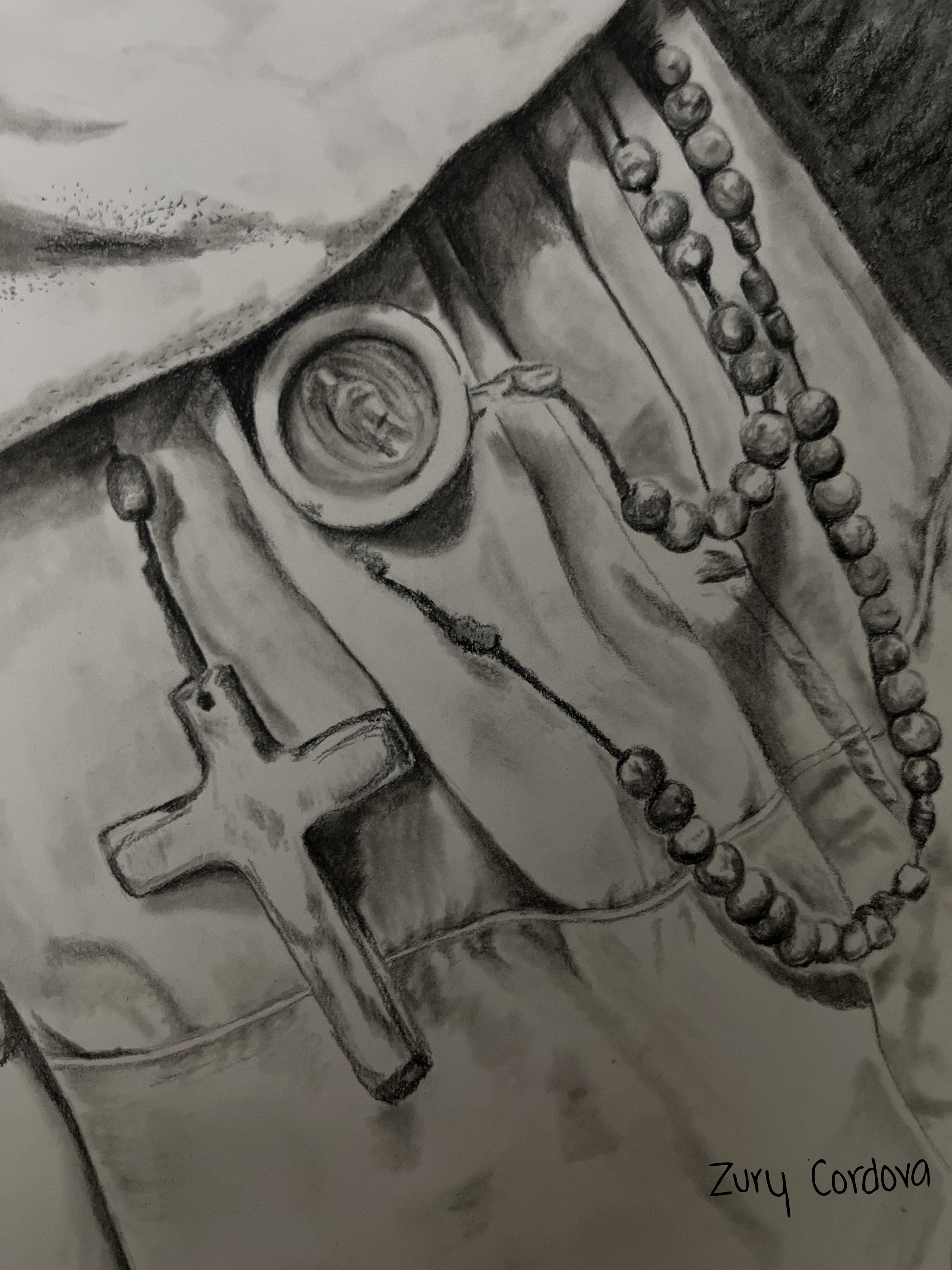 A detailed pencil sketch of a pistol with a bullet and a string of beads. The artist's name, Zury Cordova, is written in the bottom right corner.