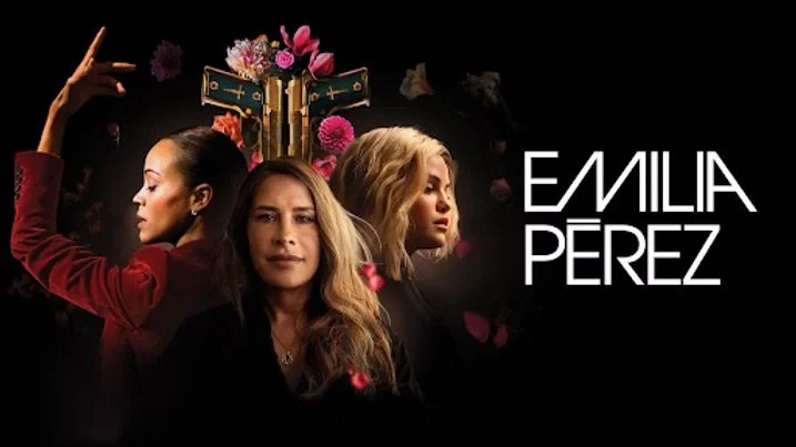 Promotional poster featuring three women, flowers, and the name Emilia Perez.
