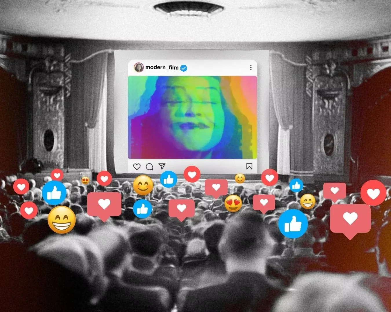 People watching a movie in a theater with a large screen displaying a colorful, pixelated image of a smiling woman's face, overlaid with social media icons and emojis indicating reactions.
