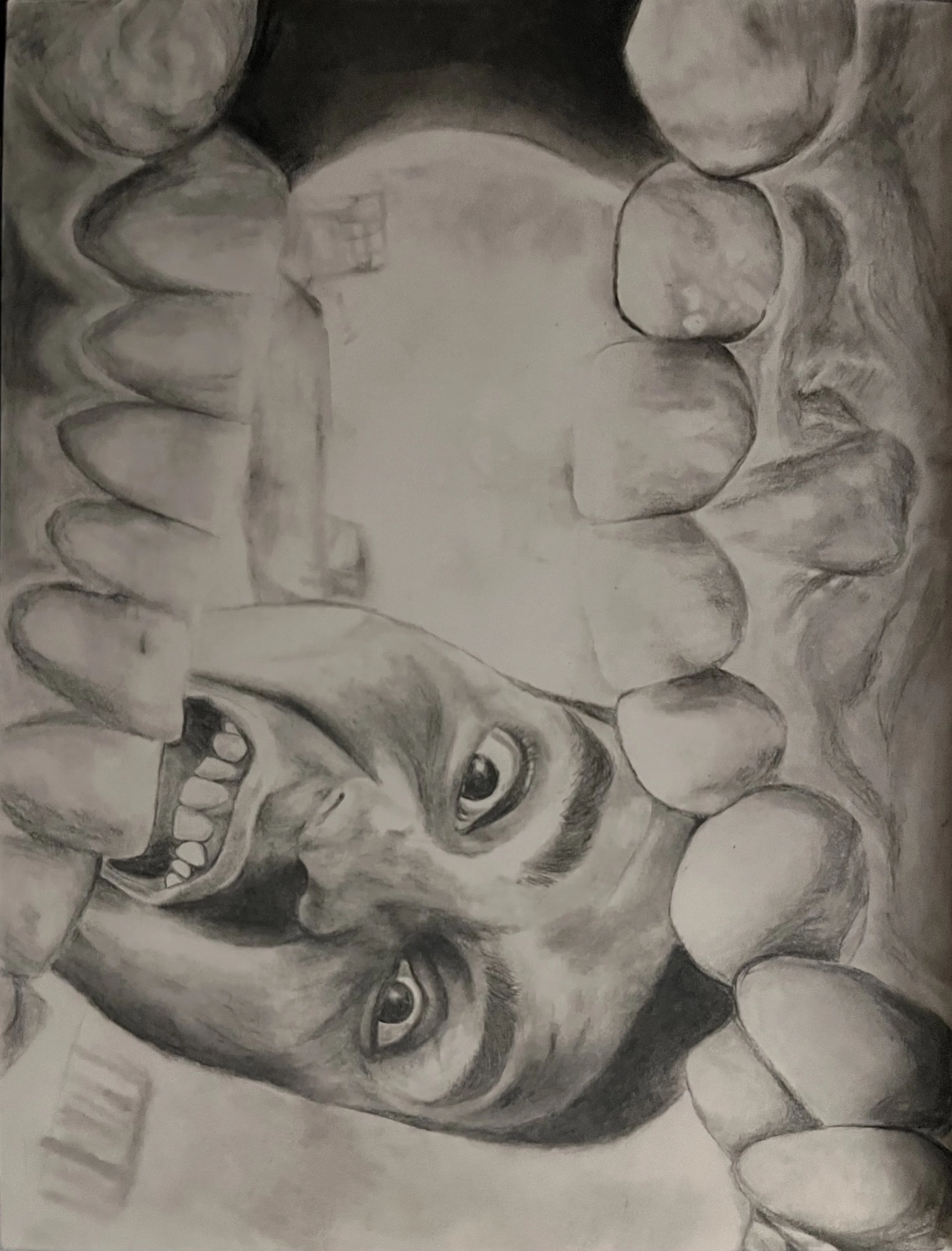 A pencil sketch of a woman smiling, with curly hair and wearing earrings, surrounded by balloons.