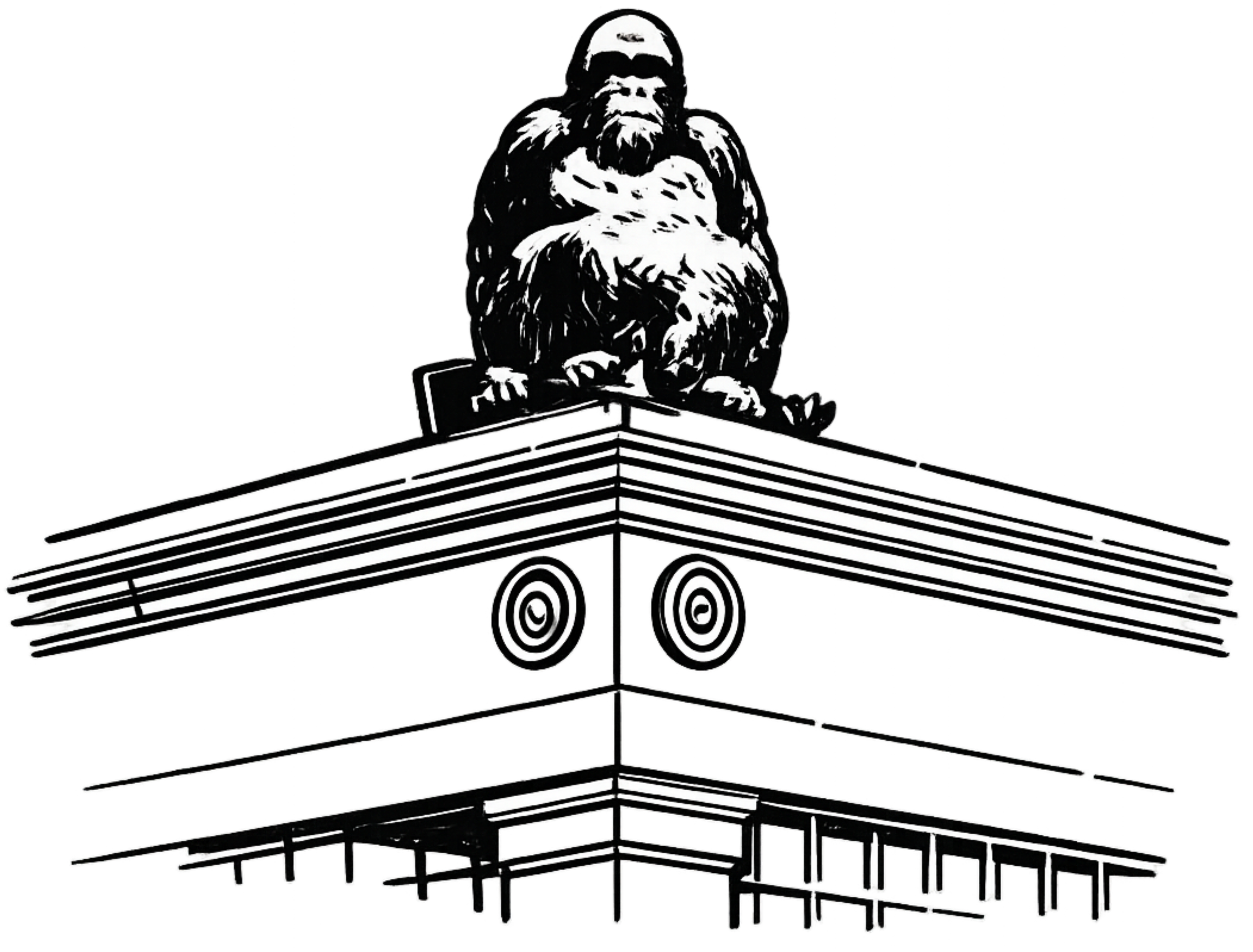 A black and white illustration of a gorilla sitting on a building with a modern architectural design and circular windows.
