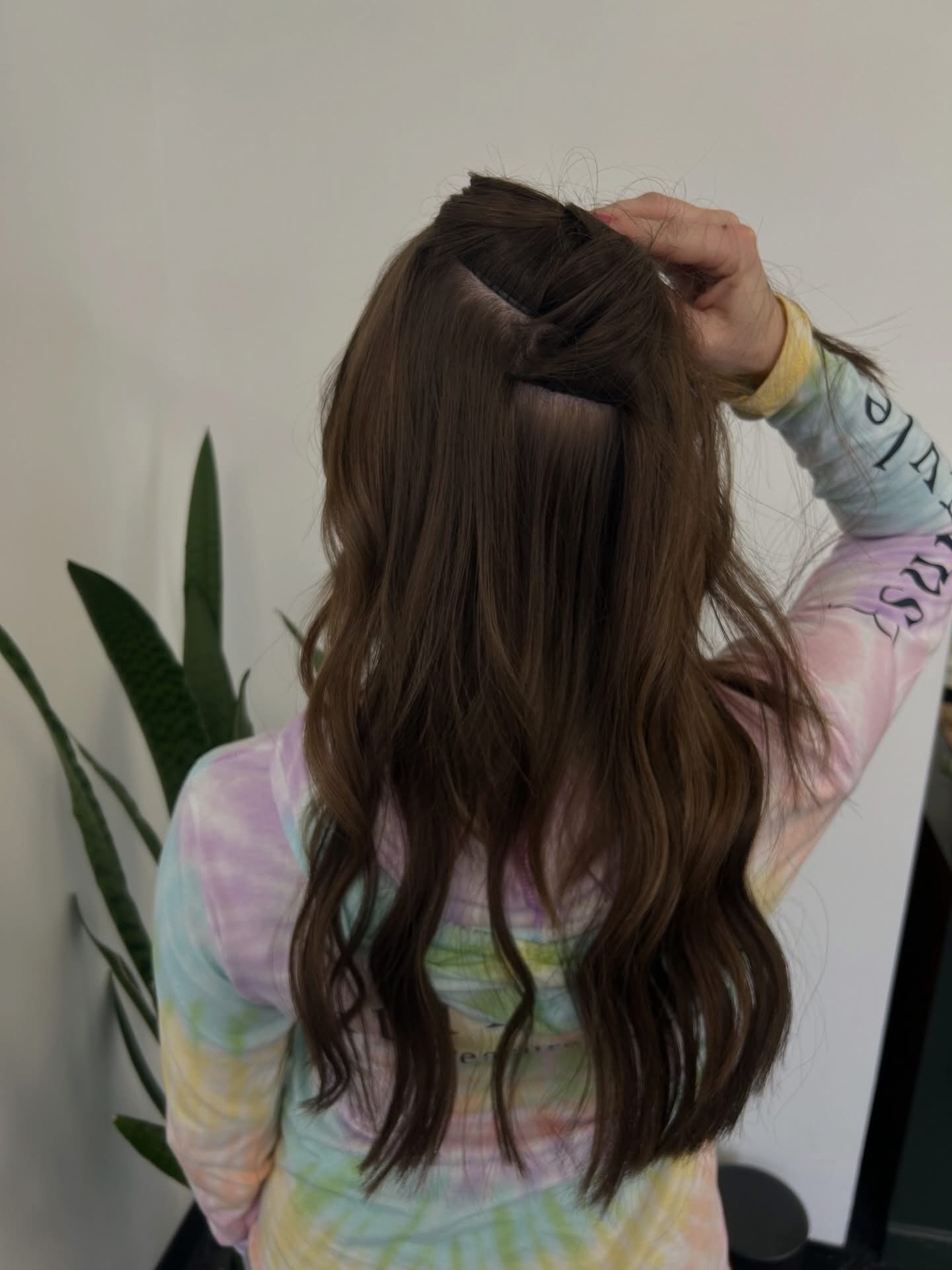 A woman with long brown hair, partially clipped up, standing indoors with a white wall and a green plant behind her.