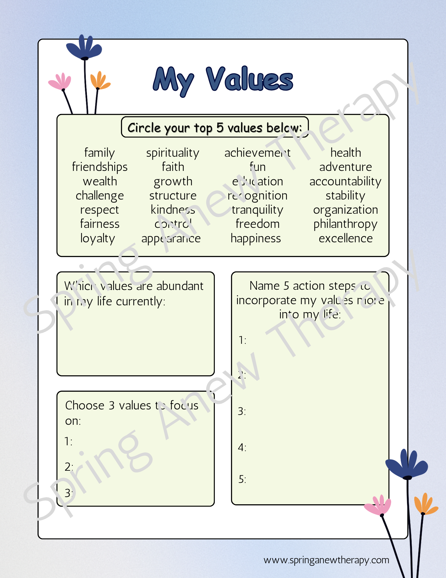 Values Worksheet