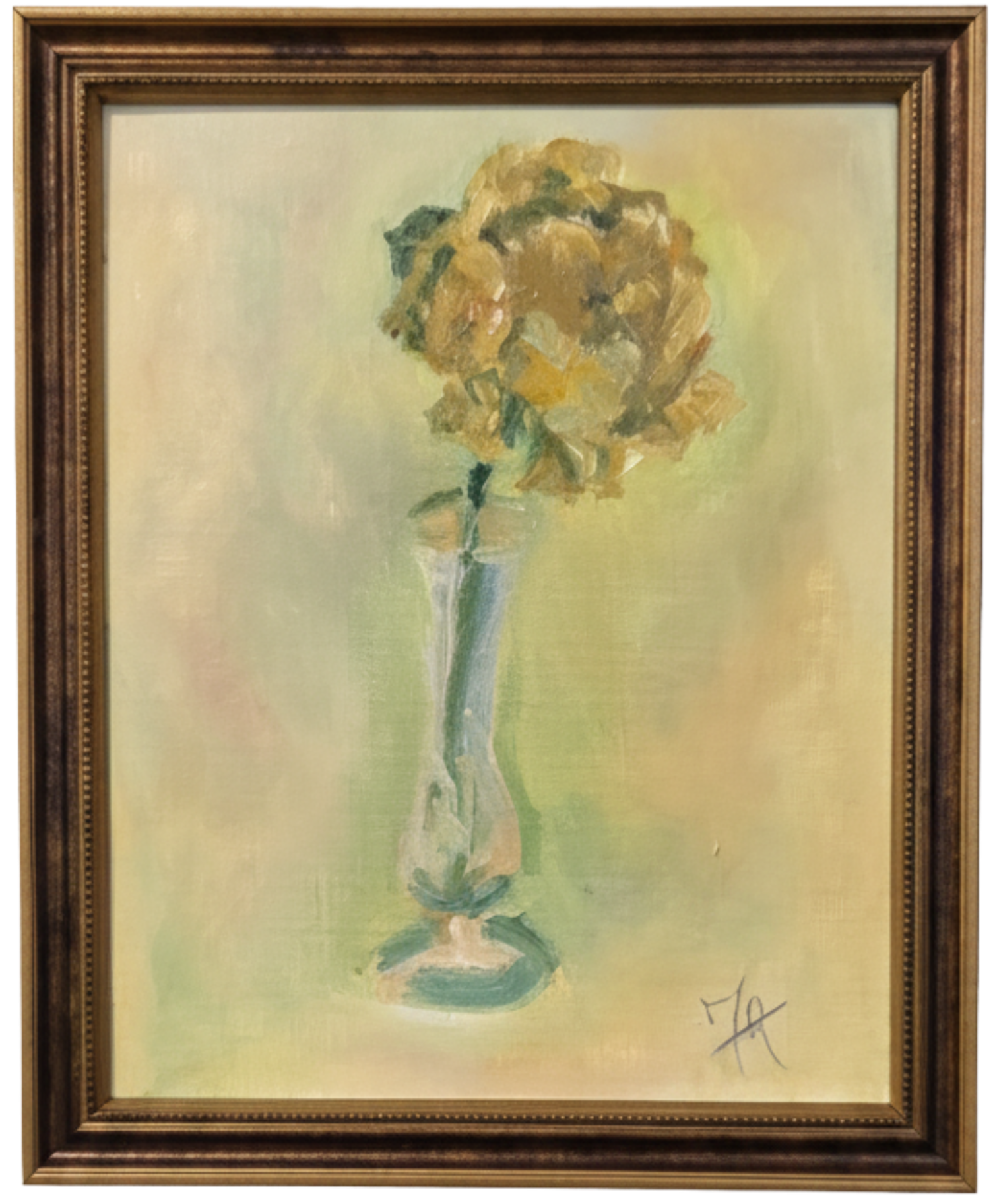 Yellow Peony in vase oil on canvas framed