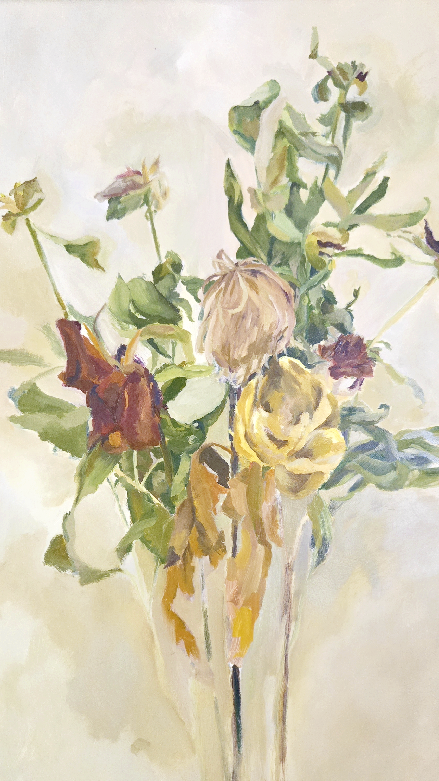 Fading roses and vase acrylic painting on wood panel
