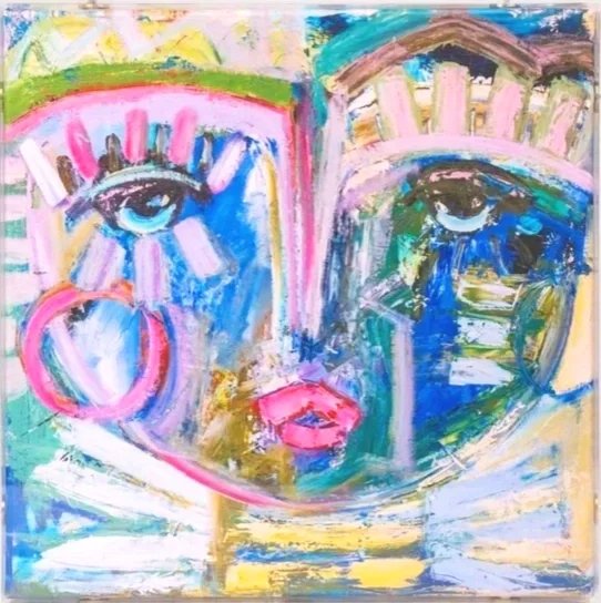 Colorful Blue Ivey Chica framed canvas in acrylic