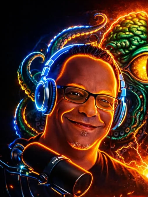 A man wearing glasses and headphones smiling, with a vibrant, colorful background featuring a large brain and swirling patterns.
