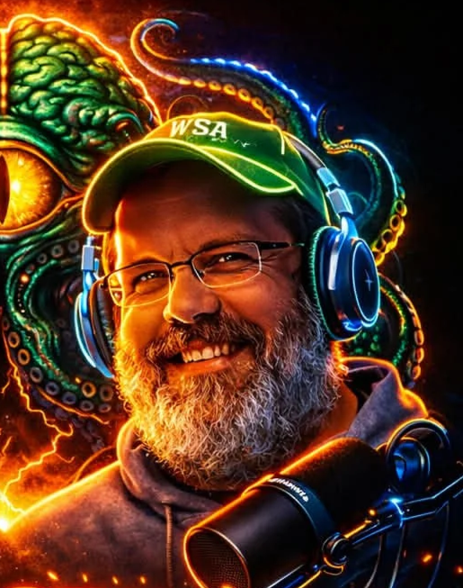 A smiling man with glasses and a gray beard, wearing a green cap with 'WSA' on it, in front of an artistic neon-lit background featuring a green tentacle and an eye. He is wearing headphones and speaking into a microphone.