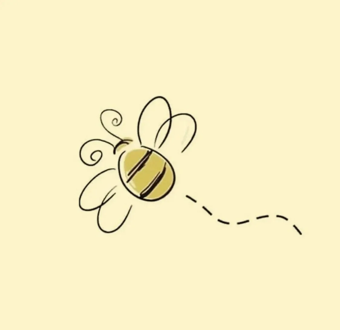 Simple illustration of a flying bee with a dashed flight path on a pale yellow background.