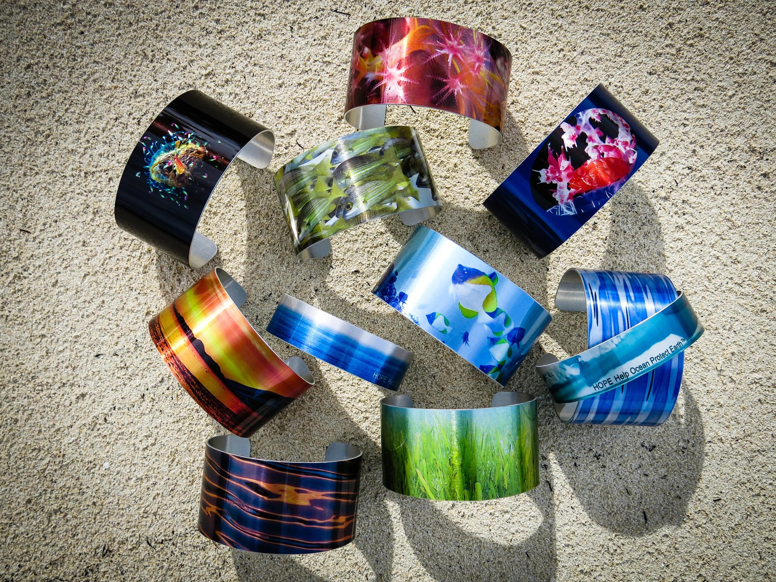 BAHAMAS HOPE CUFFS #helpoceanprotectearth Anne’s images printed on recycled aluminum 