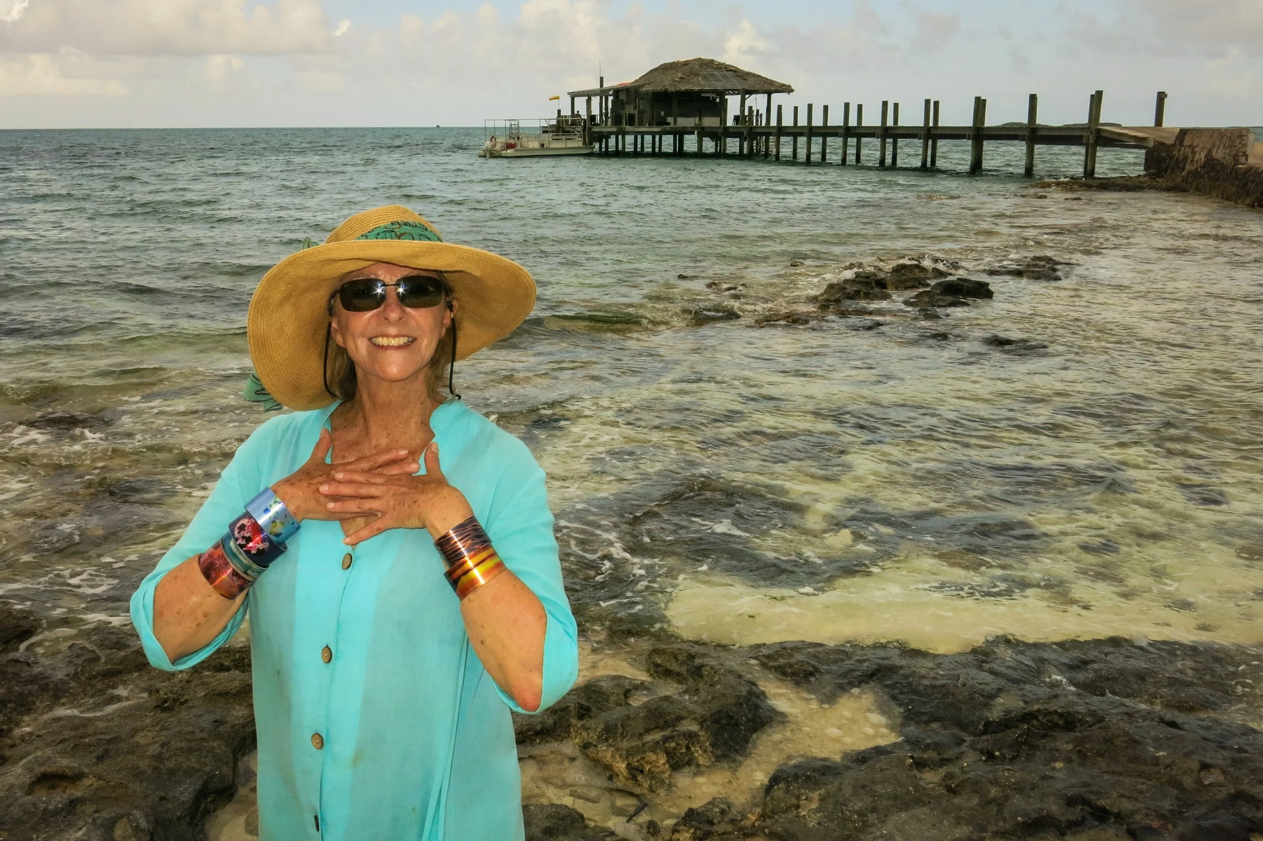 BAHAMAS Anne wearing her HOPE CUFFS at Small Hope Bay Lodge on Andros Island  