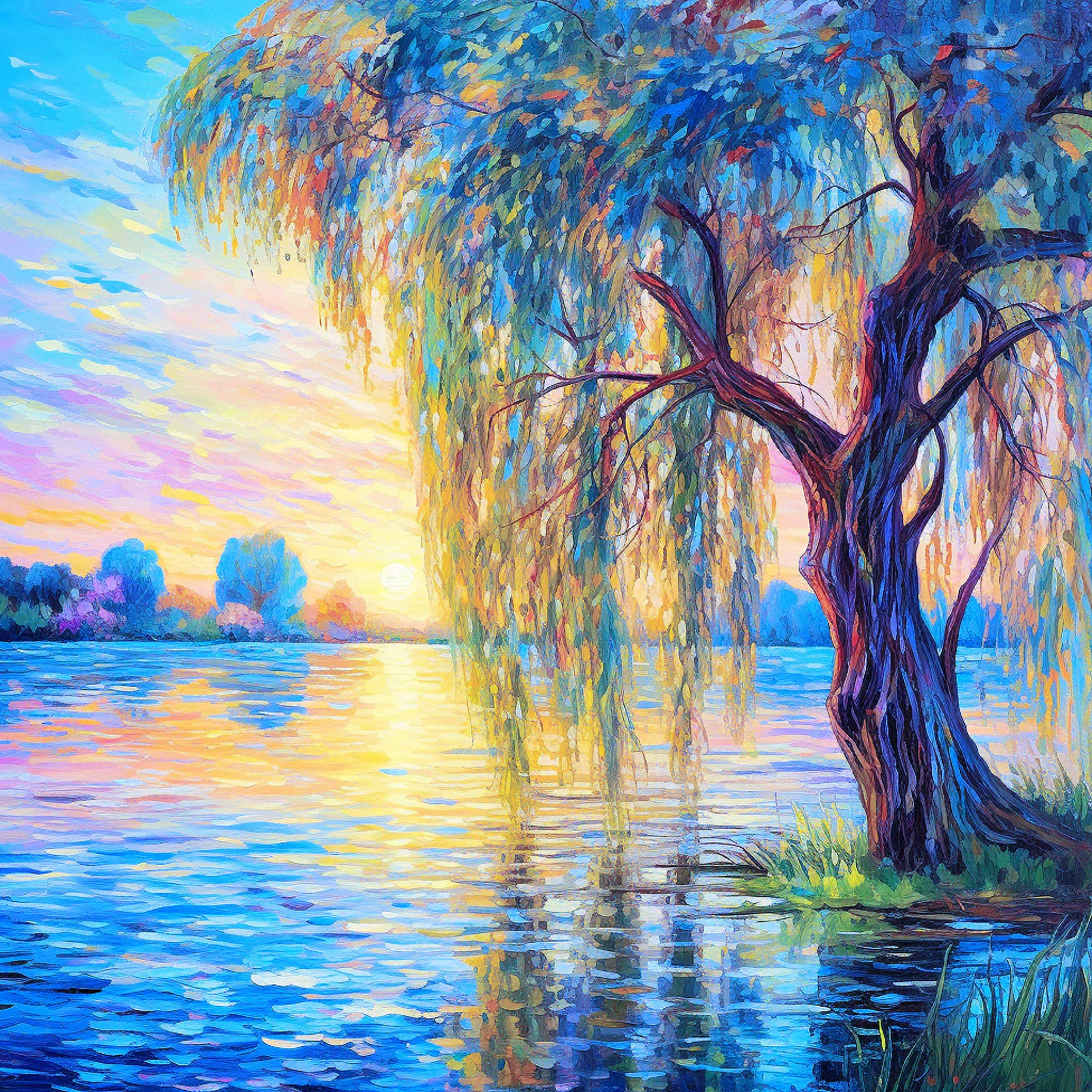 A vibrant impressionist-style painting of a willowy tree next to a water body at sunset, with the sky painted in soft pastel shades of pink, yellow, and light blue, reflecting on the water.