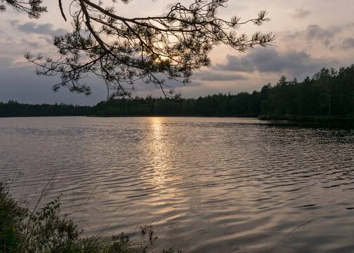 A lake at sunset with trees along the shoreline and partly cloudy sky.