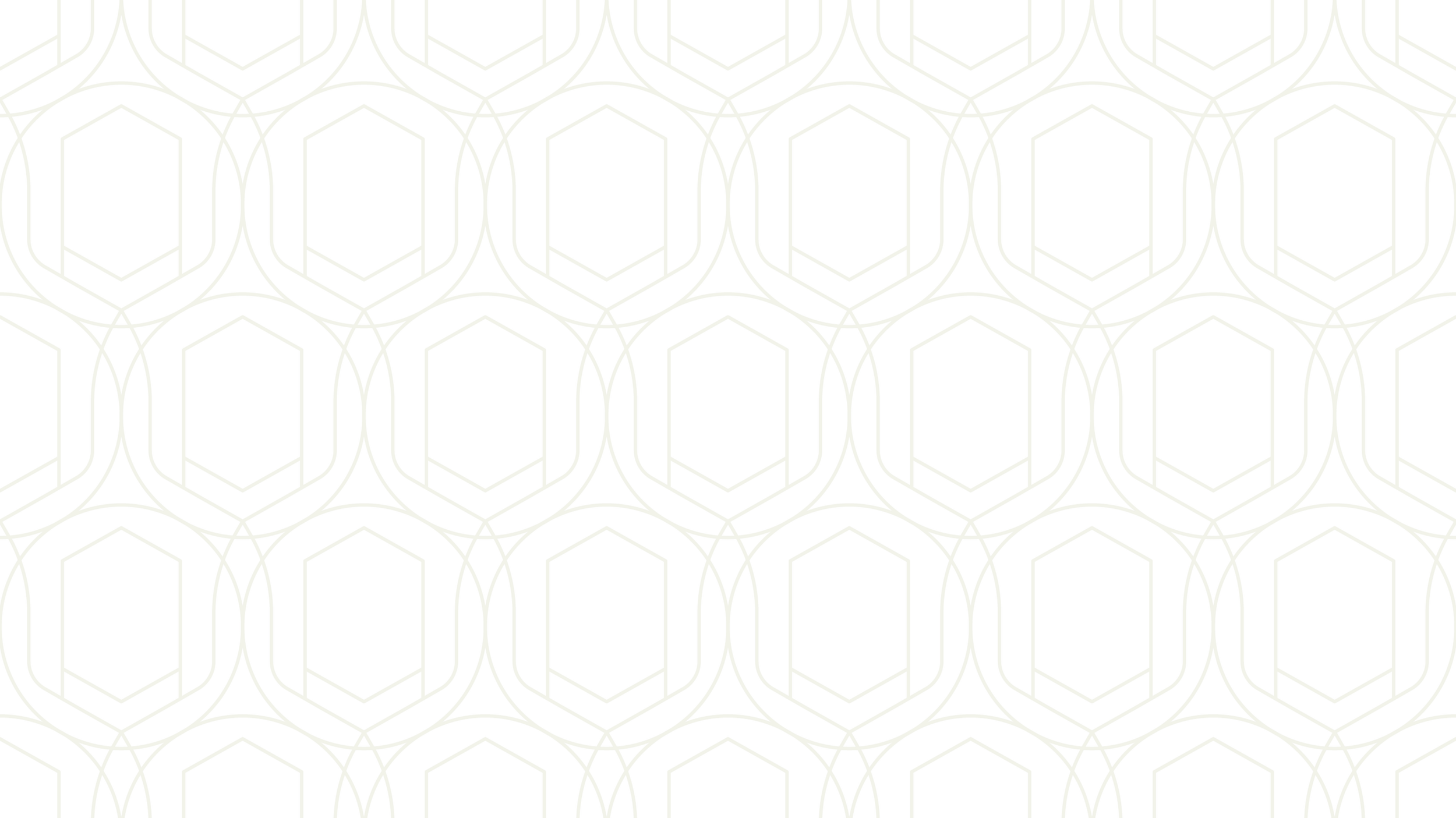 A repeating geometric pattern with intertwined, elongated hexagons and circles in light olive green on a white background.