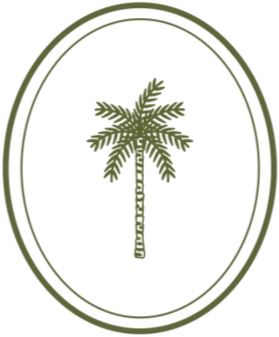 A gold palm tree silhouette enclosed in an oval border on a black background.