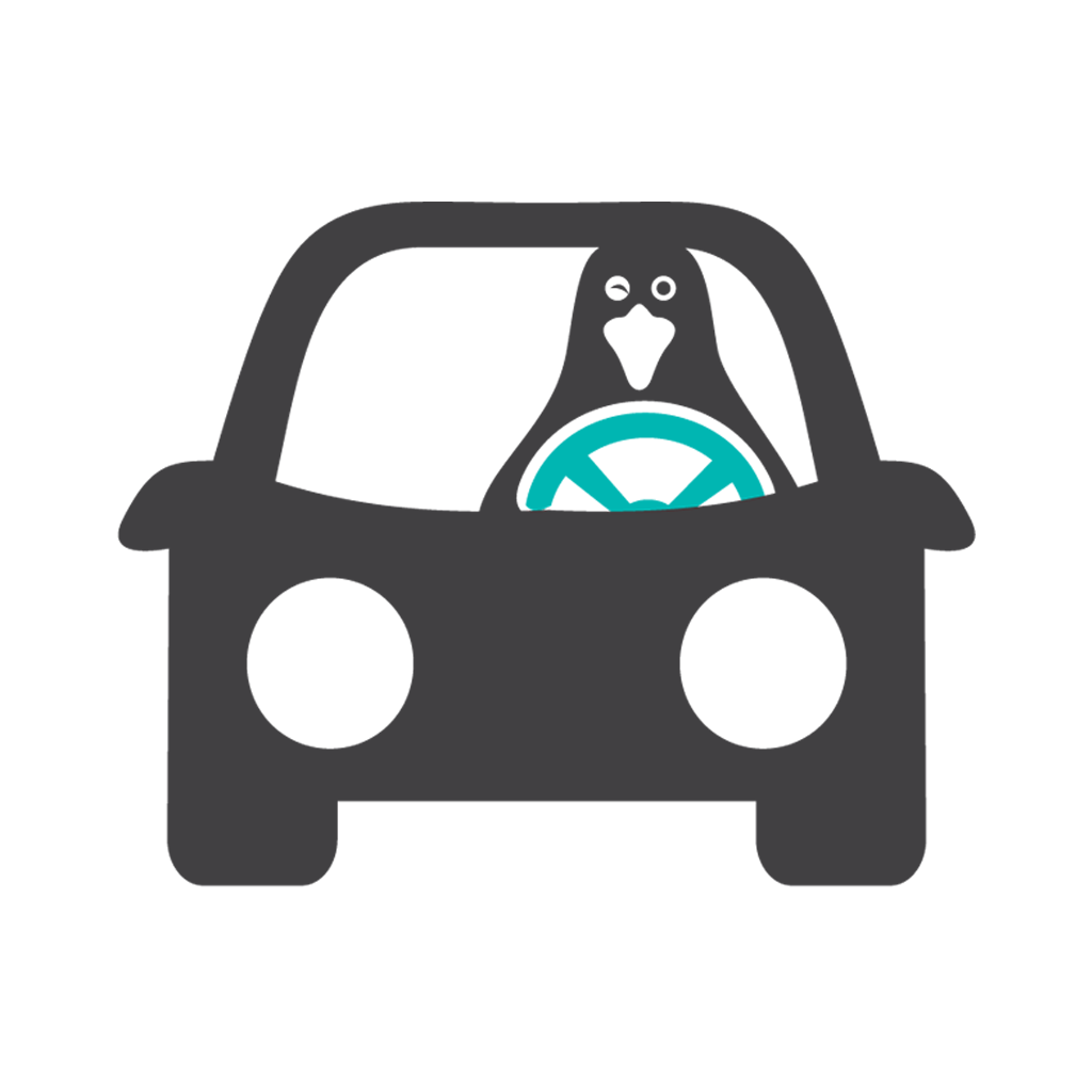 A graphic illustration of a penguin driving a small black car with a teal steering wheel.