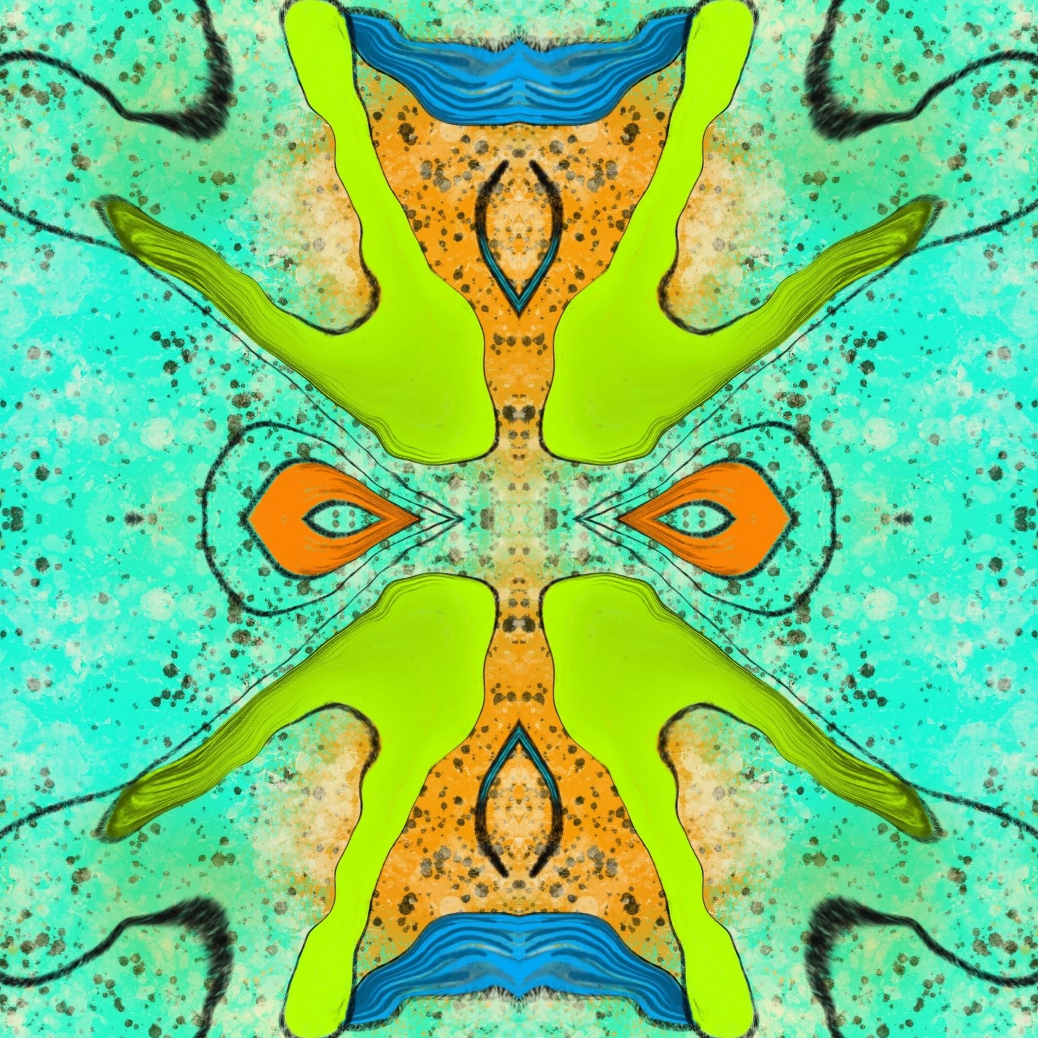 BRIGHT ABSTRACT DOODLE IN LIME GREEN, ORANGE AND TURQUOISE, WITH SYMMETRICAL PATTERNS AND BLACK SPLASHES