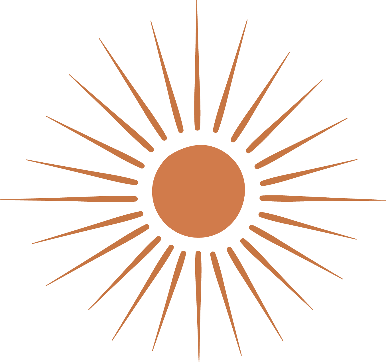 Stylized terracotta sun with a large central circle and radiating lines on a white background.