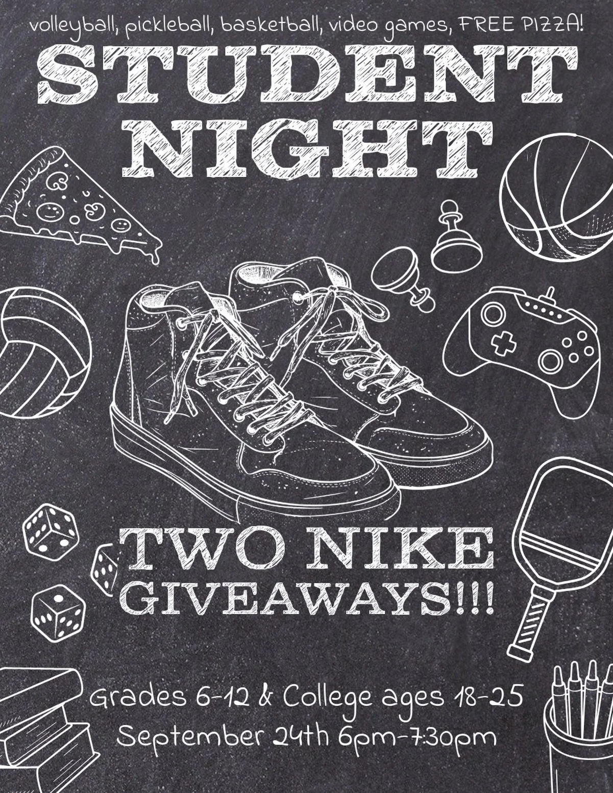 🚨STUDENT NIGHT!!!🚨 Don&rsquo;t forget that student night is this Thursday at 6pm!
We&rsquo;ll have free pizza, games, and TWO Nike shoe giveaways!