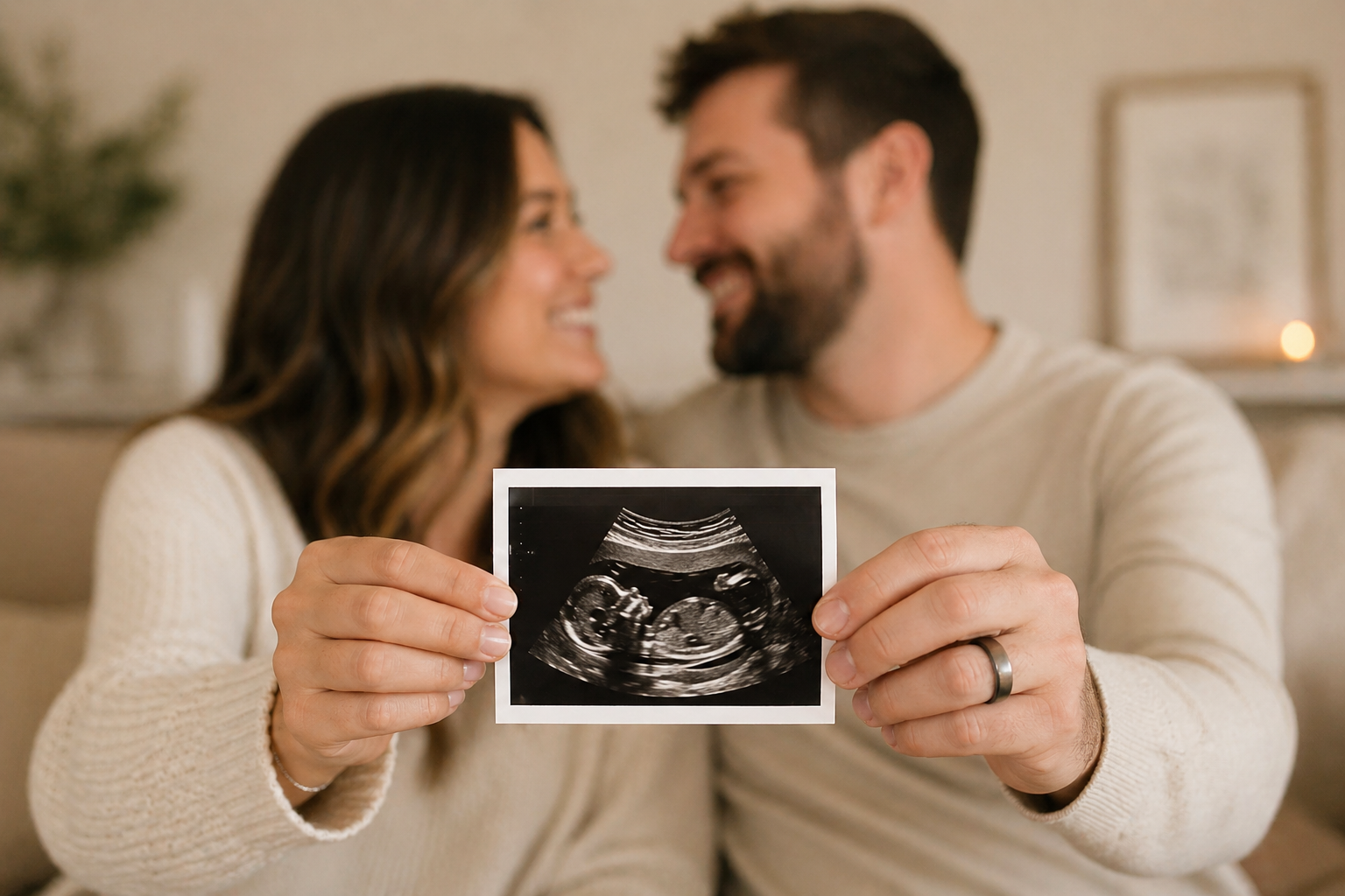 A couple holding an ultrasound picture, smiling at each other.