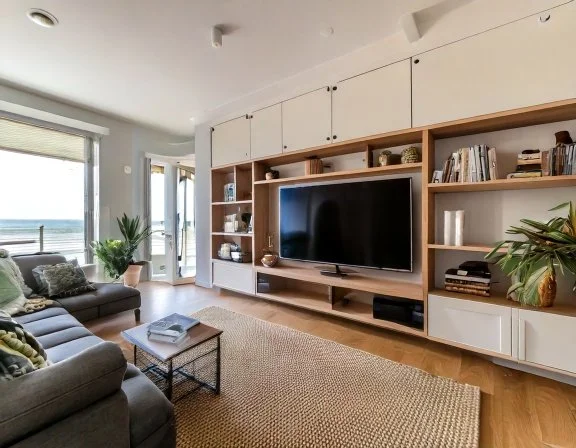 Built-in entertainment wall with hidden cable chase, Shore Acres St. Petersburg