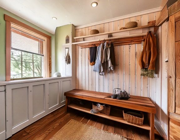Built-in mudroom bench with cubbies and hooks in a Largo FL entry