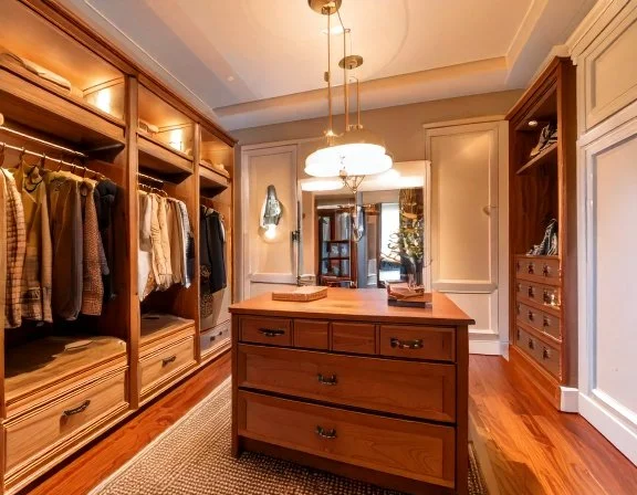 Primary-suite closet with built-in dresser island, Snell Isle home