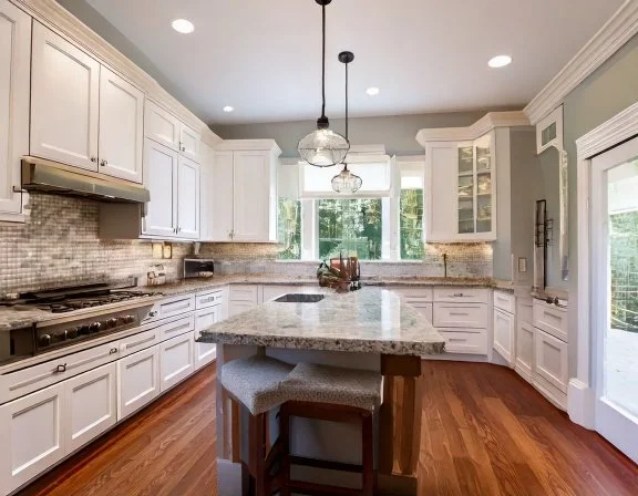 White Shaker kitchen cabinets trimmed out level and plumb, Palma Ceia Tampa