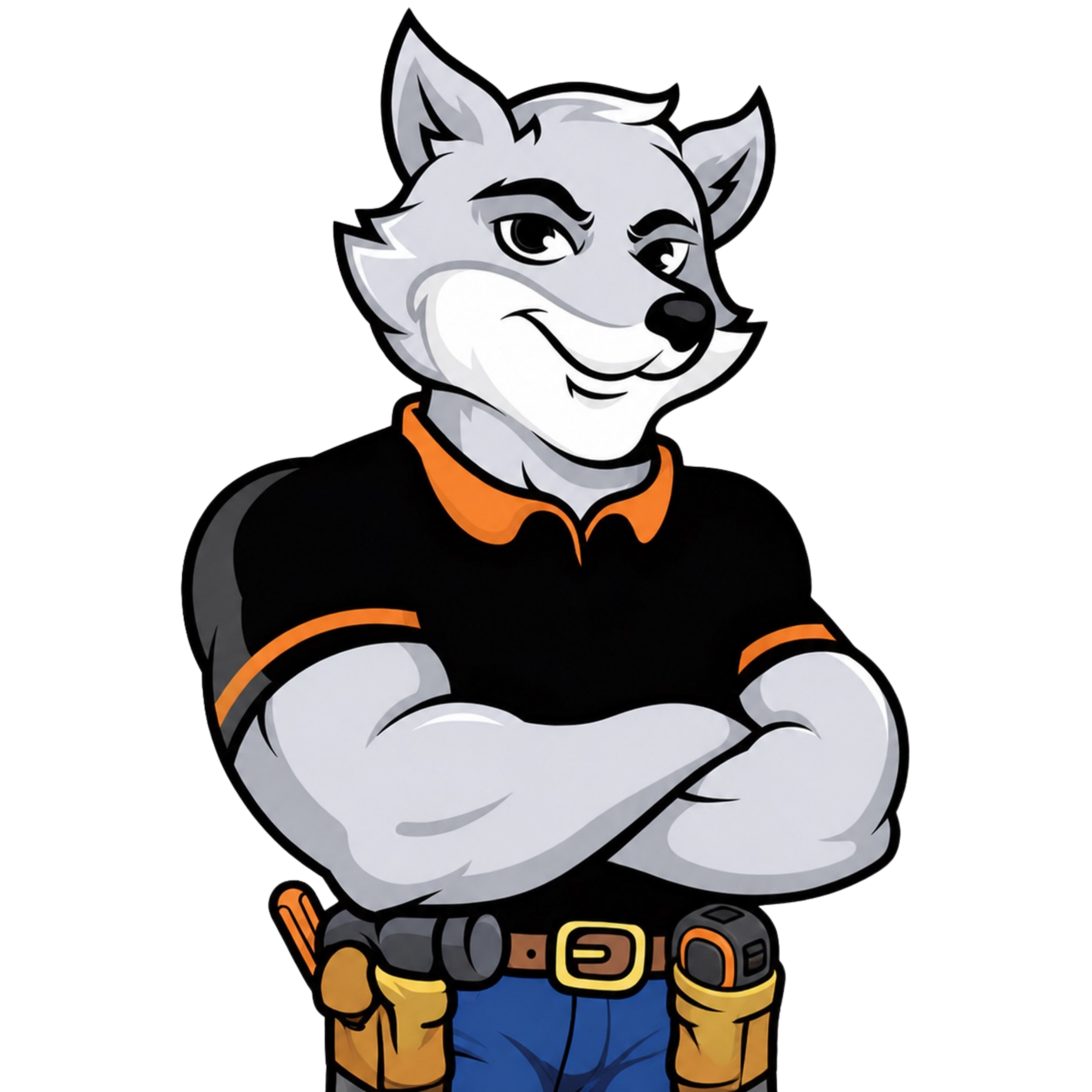Illustration of a cartoon wolf character with one eye winking, wearing a black shirt with orange accents, blue pants, and a yellow belt, set against a black background.