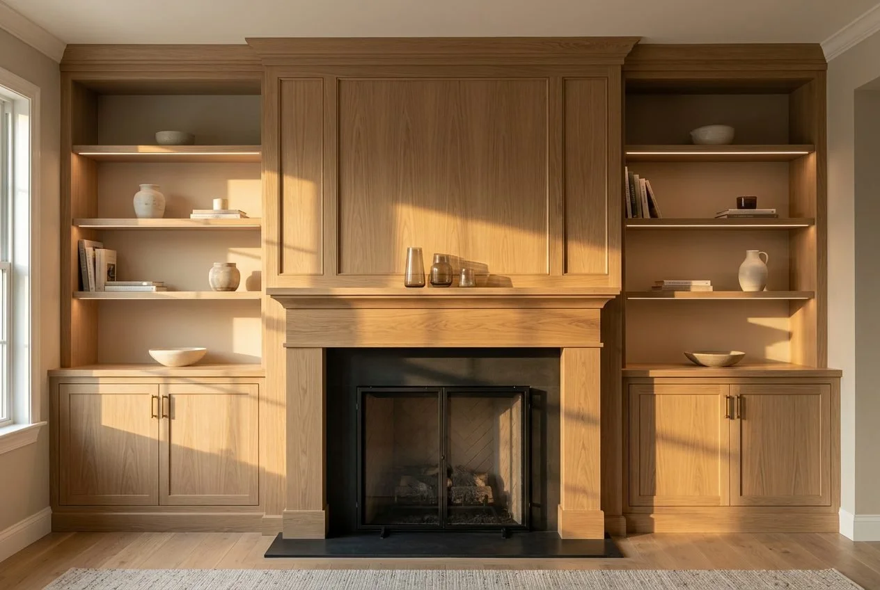 White oak fireplace built-ins with lighted open shelving, a paneled overmantel, and lower cabinets