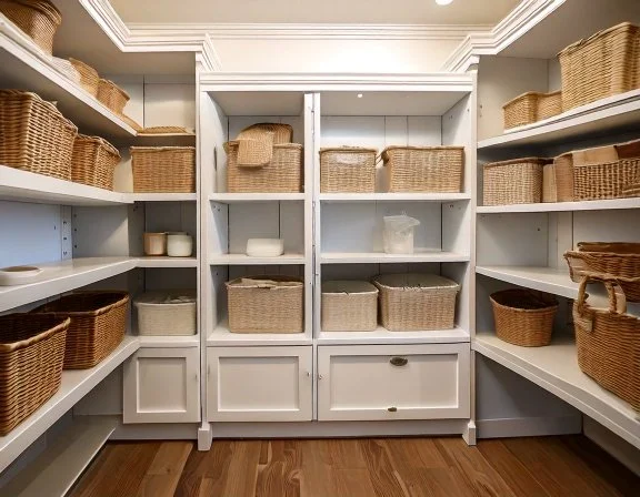 Painted plywood pantry shelving in kitchen, Historic Kenwood bungalow