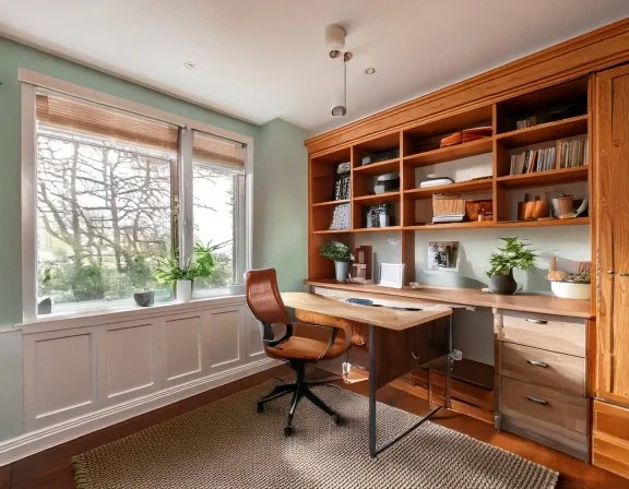 Home office built-in cabinetry with desk and upper shelving in a Tampa Bay, FL home