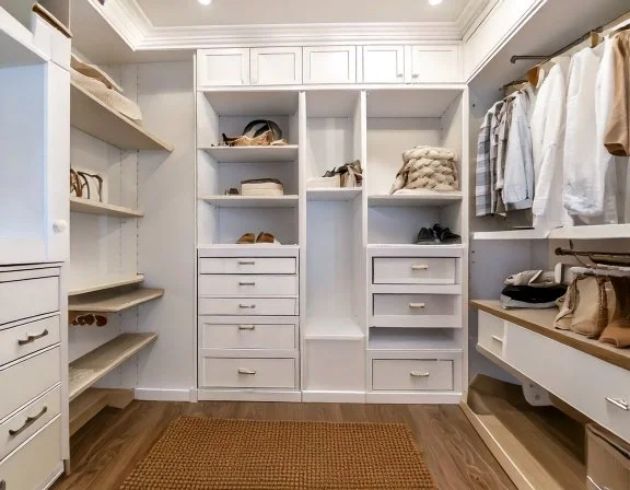 Adjustable shoe shelving and cubbies in walk-in closet, Hyde Park Tampa