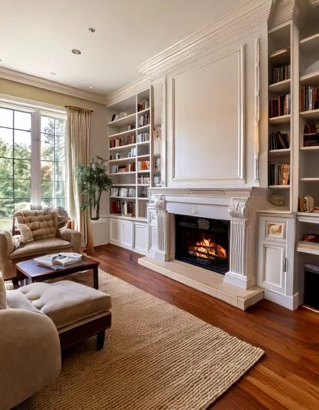 Custom stain-grade white-oak built-in bookcases flanking a fireplace in a Tampa Bay, FL living room