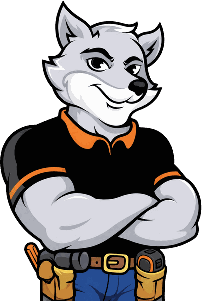 J Fox LLC mascot, a cartoon wolf in a black and orange polo with a tool belt