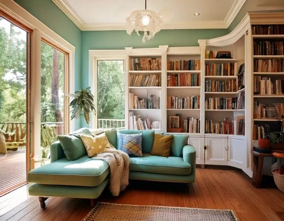 Painted living-room bookcase built-ins with cabinet bases, Old Northeast St. Petersburg