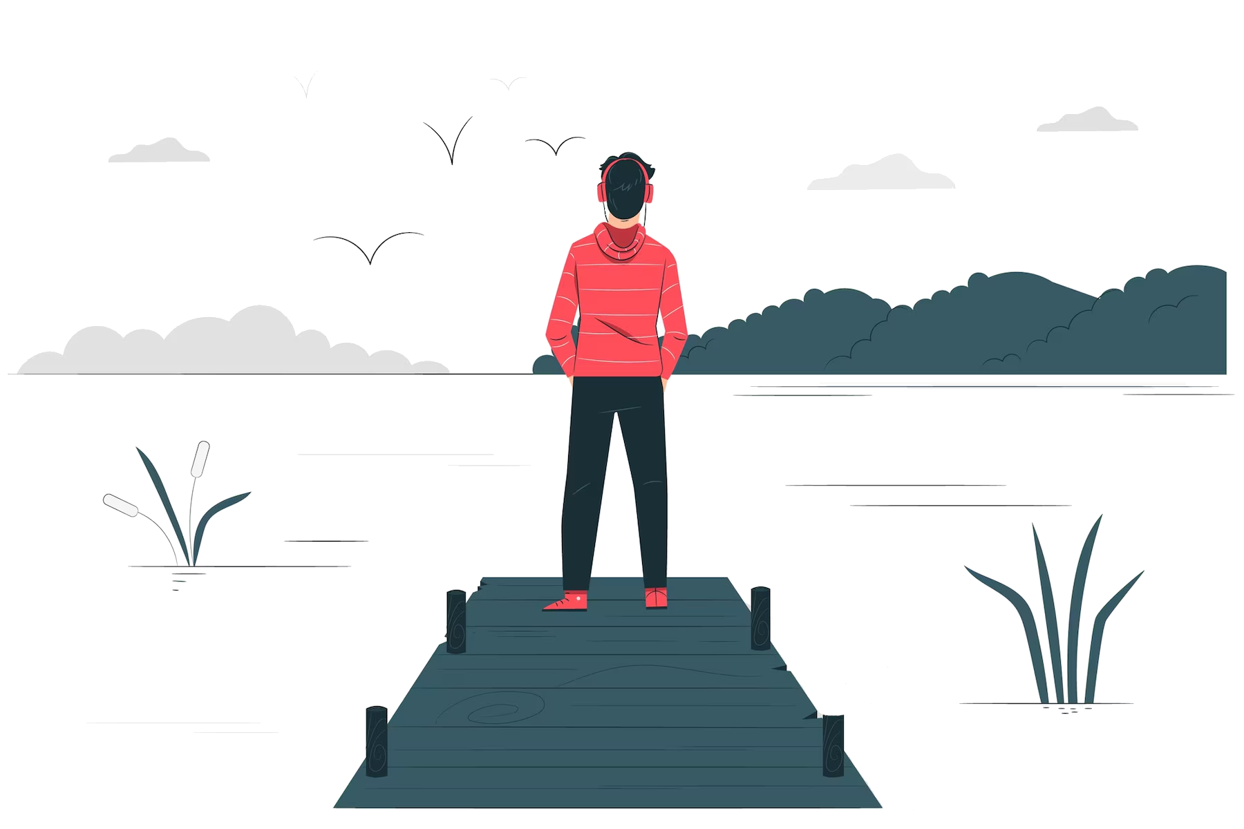 A person standing on a dark wooden dock with his back to the viewer, wearing a red striped hoodie, black pants, and red sneakers, and listening to headphones. The background features a cloudy sky, mountains, and a lake with plants on both sides.